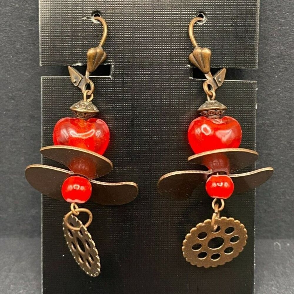 Handmade Steampunk Propeller Gear & Red Glass Heart Earrings by Neanie-Bot